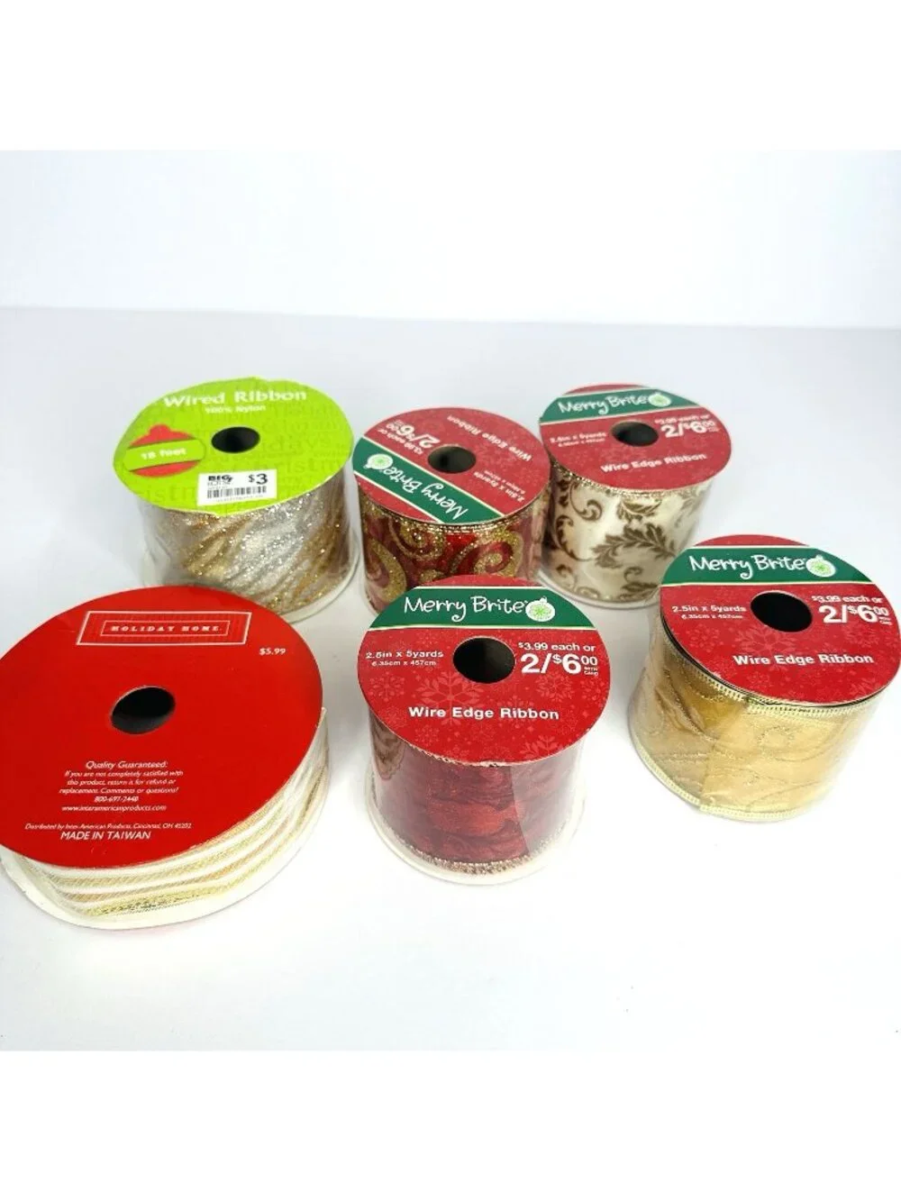 Holiday Christmas Ribbon Lot of 6 Red Gold Silver Sparkling Crafts Decor NEW!